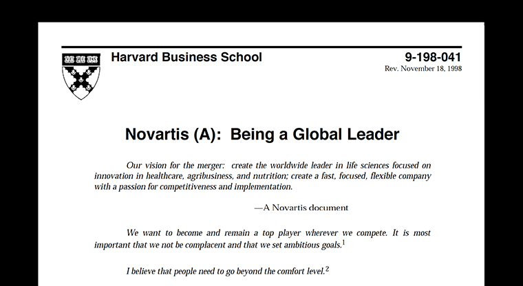 Harvard Business School letterhead with an article entitled Novartis (A): Being a Global Leader